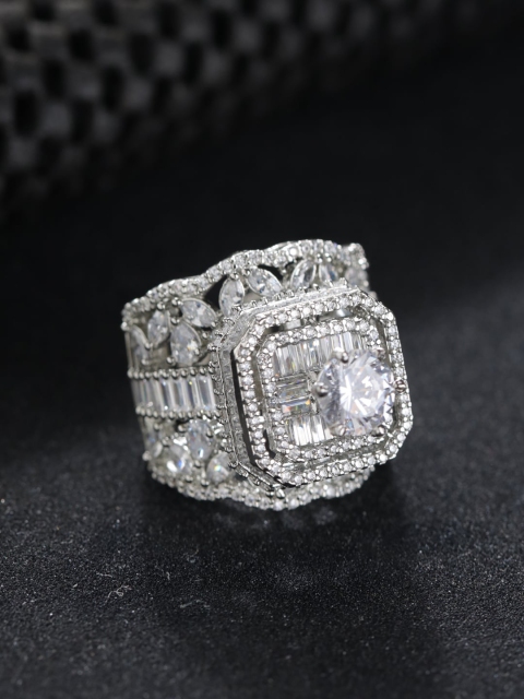 Priyaasi Silver-Plated & Toned White AD Studded Finger Ring
