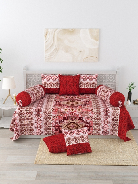 Salona Bichona Set Of 8 Red & White Printed Pure Cotton Diwan Set