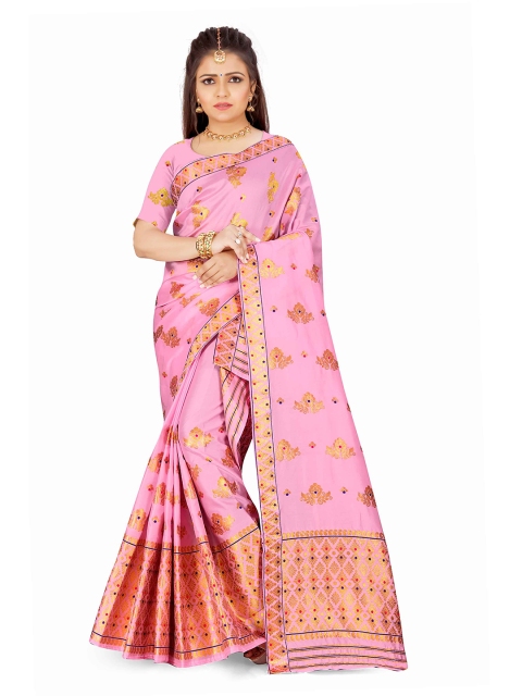 Skirans Pink & Gold-Toned Floral Assamese Mekhela Chador Saree