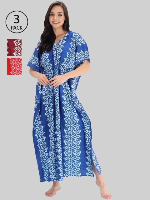 Shararat Pack of 3 Printed Maxi Nightdress, Blue