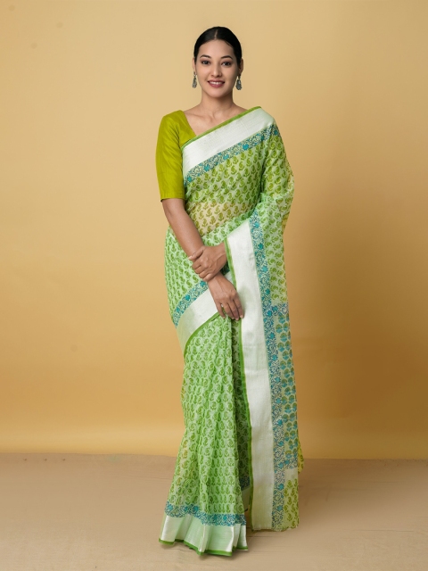 Unnati Silks Green & Silver-Toned Ethnic Motifs Zari Pure Cotton Handloom Kota Saree
Unnati Silks Green & Silver-Toned Ethnic Motifs Zari Pure Cotton Handloom Kota Saree