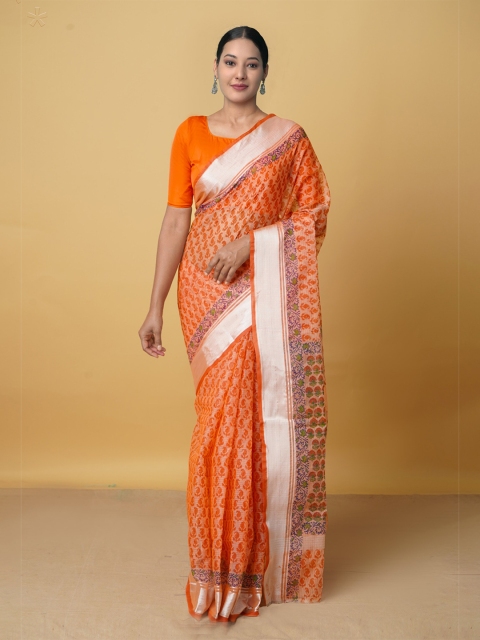 Unnati Silks Orange & Silver-Toned Ethnic Motifs Zari Pure Cotton Handloom Kota Saree
Unnati Silks Orange & Silver-Toned Ethnic Motifs Zari Pure Cotton Handloom Kota Saree
