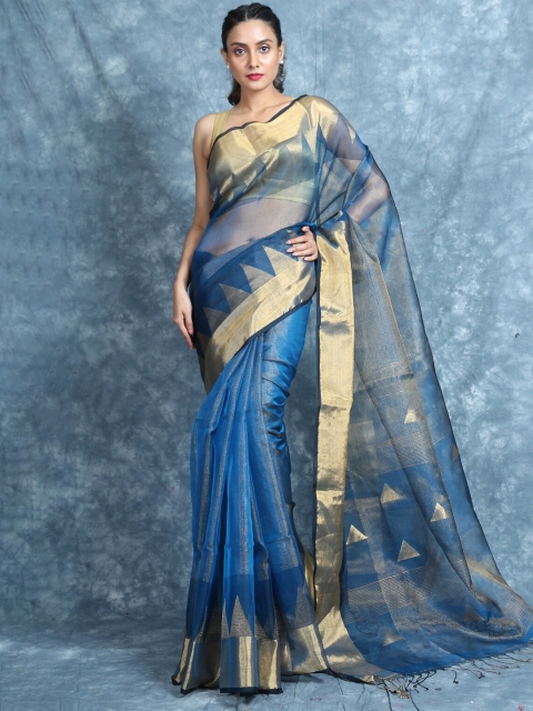 Arhi Blue & Gold-Toned Woven Design Zari Fusion Saree