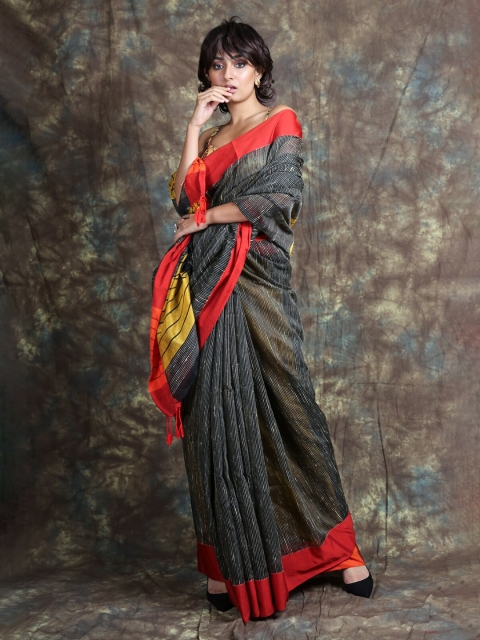 Arhi Grey & Red Striped Saree