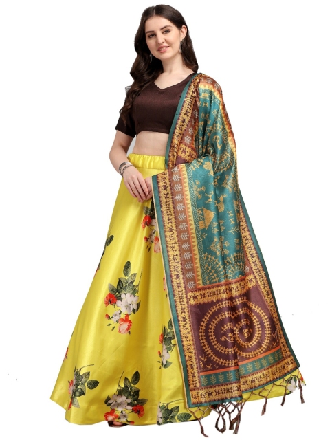 SWEETPEL Yellow & Brown Semi-Stitched Lehenga & Unstitched Blouse With Dupatta