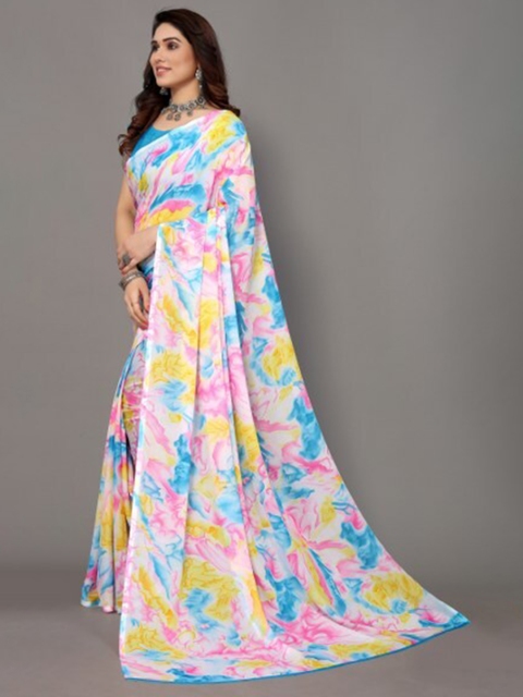 Yashika Blue & Pink Floral Saree
