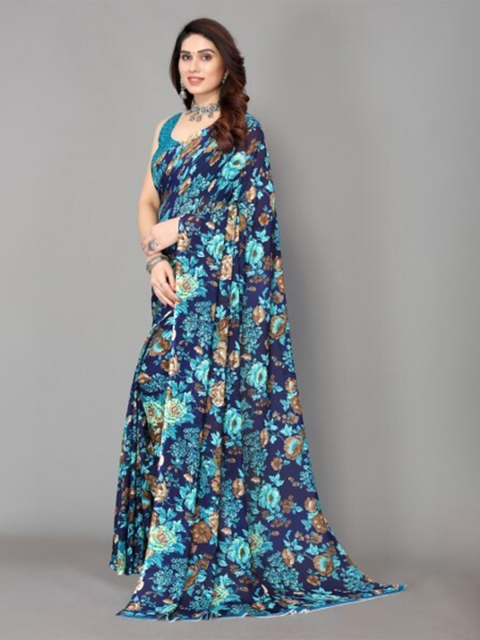 Yashika Blue & Brown Floral Printed Saree
