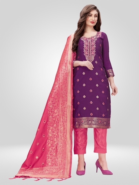 Nivah Fashion Purple & Gold-Toned Embroidered Unstitched Dress Material