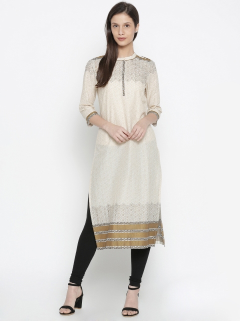 AURELIA Women Beige Printed Straight Kurta
