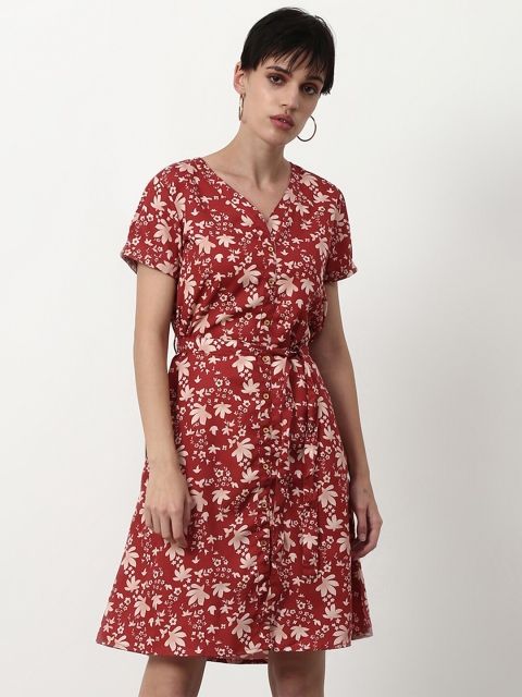 abof Maroon & Cream-Coloured Floral A-Line Dress