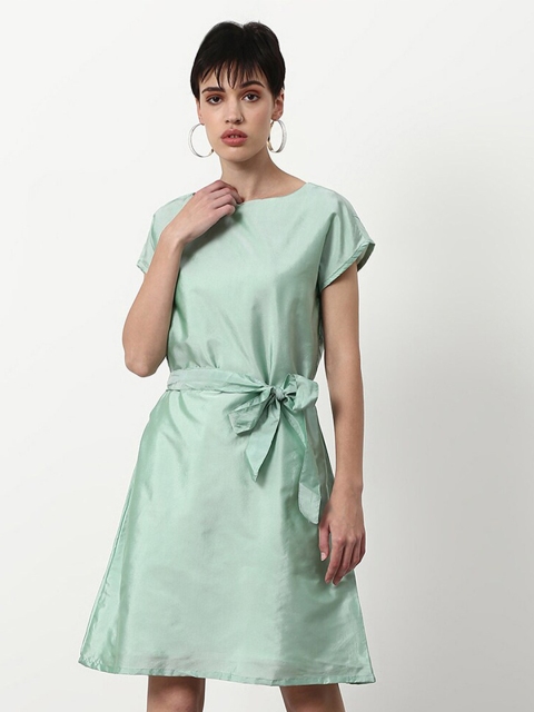 abof Green Solid Boat Neck A-Line Dress