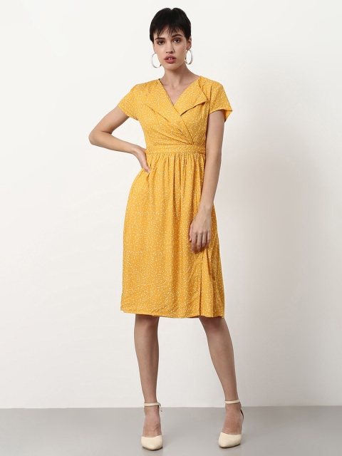abof Mustard Yellow & White Printed Dress