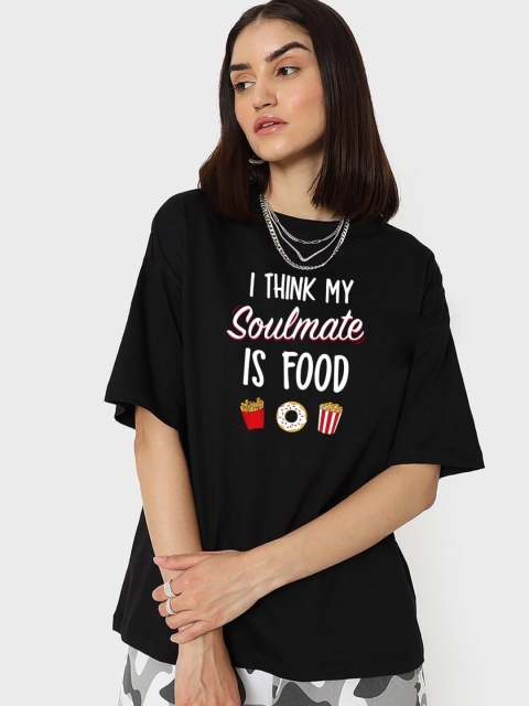 Bewakoof Women Black Typography Printed Drop-Shoulder Sleeves Loose Cotton T-shirt