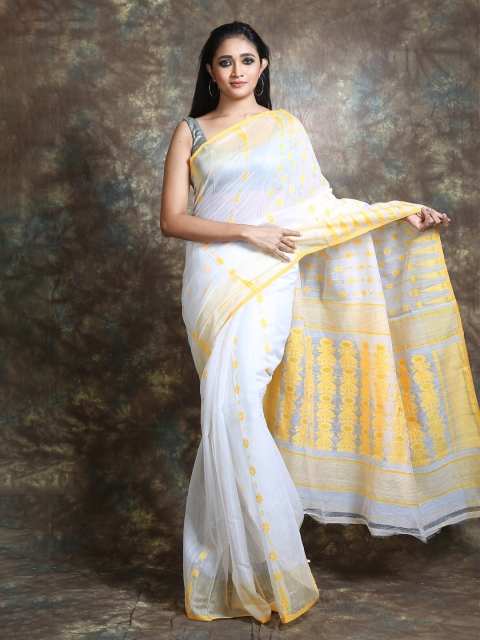 Arhi White & Yellow Floral Silk Cotton Jamdani Saree