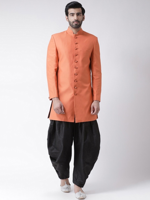 Hangup Men Orange & Black Solid Sherwani Set