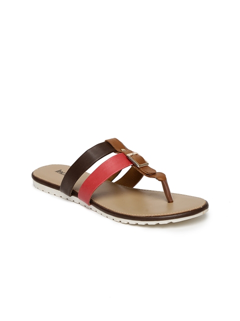 Inc 5 Women Brown & Coral Colourblocked Synthetic T-strap Flats