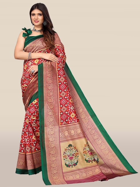 KALINI Red & Green Floral Art Silk Saree