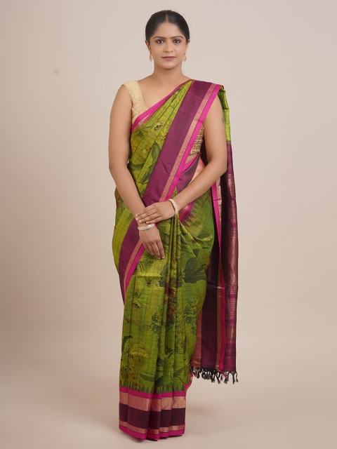 Pothys Green And Pink Floral Print Zari Border Pure Silk Saree
