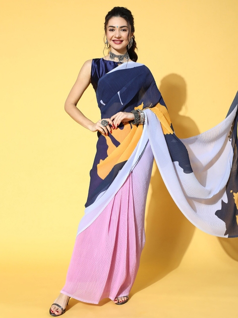 ODETTE Blue & Orange Georgette Solid Pleated Saree