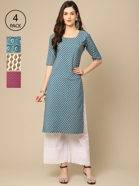 Ethnic basket Women Pack Of 4 Blue & Purple Ethnic Motifs Printed Crepe Kurta