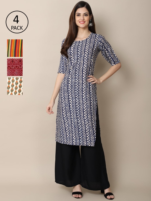 Ethnic basket Women Pack Of 4 Floral Printed Crepe Straight Kurta, Beige