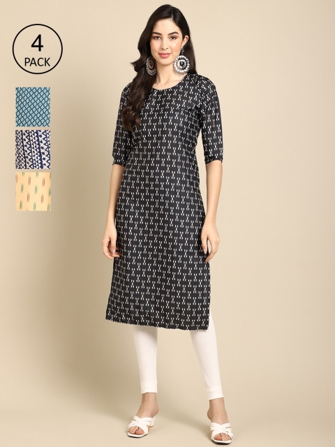 Ethnic basket Women Black & Beige Pack Of 4 Geometric Striped Block Print Crepe Kurta
Ethnic basket Women Black & Beige Pack Of 4 Geometric Striped Block Print Crepe Kurta