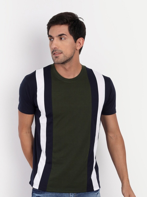 CLAFOUTIS Men Olive Green & White Colourblocked T-shirt