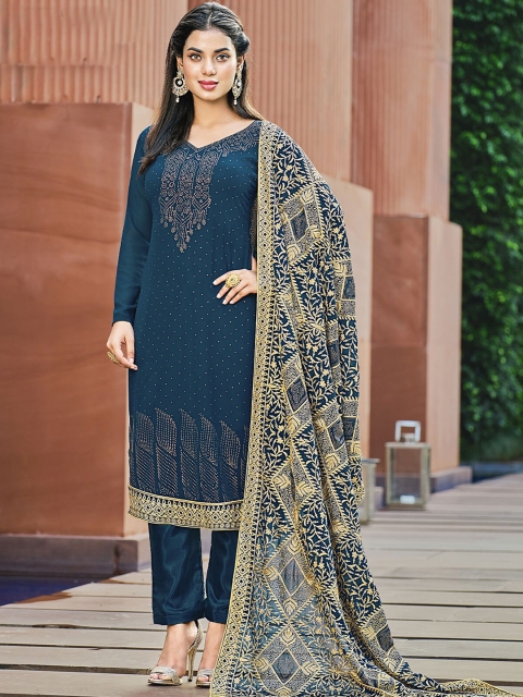 ODETTE Women Floral Embroidered Beads and Stones Kurta with Trousers & With Dupatta, Blue
ODETTE Women Floral Embroidered Beads and Stones Kurta with Trousers & With Dupatta, Blue