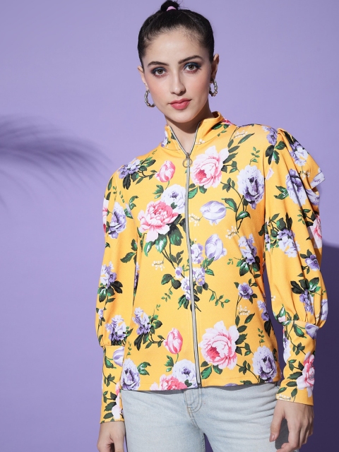 Darzi Women Yellow Floral Crop Sporty Jacket