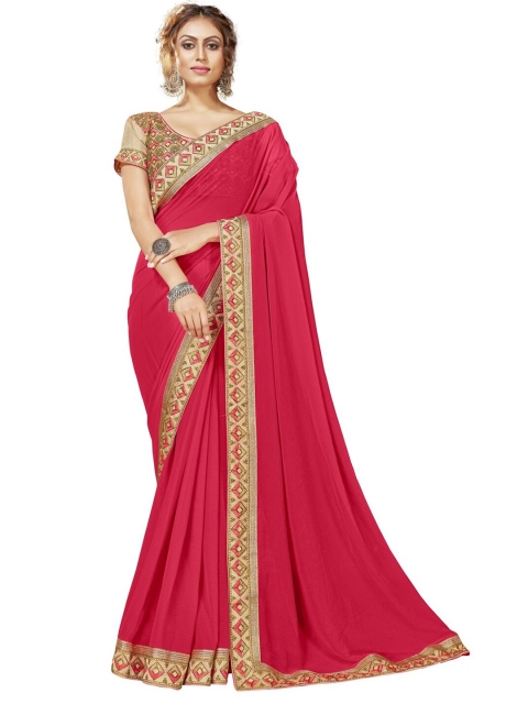 MotiHamir Pink & Gold-Toned Solid Printed Border Saree