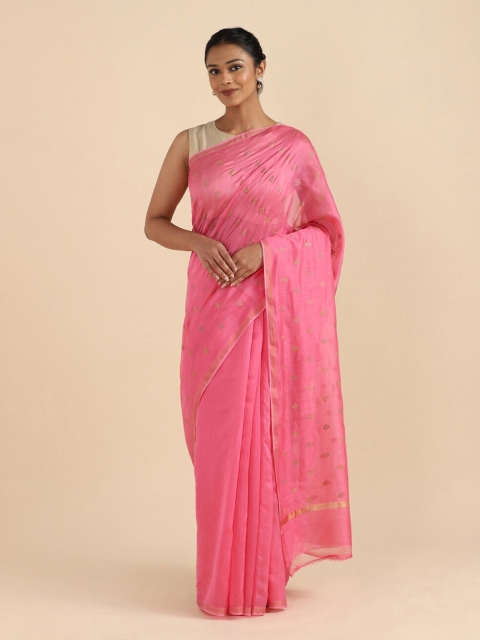 Taneira Pink & Beige Floral Zari Silk Cotton Saree