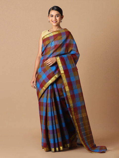 Taneira Blue & Beige Checked Zari Pure Cotton Saree