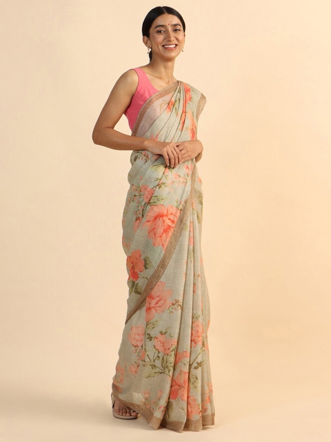 Taneira Green And Orange Floral Digital Print Pure Linen Saree