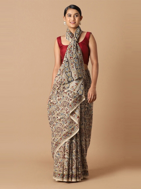 Taneira Beige Kalamkari Pure Cotton Saree