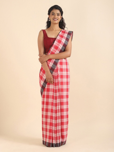 Taneira Red & Grey Checked Pure Cotton Saree