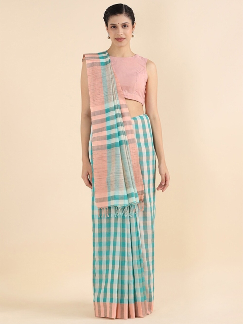 Taneira Blue & Pink Checked Pure Cotton Saree