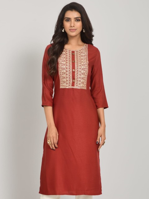 RIVAMA Women Maroon & Gold Embroidered Yoke Design Straight Kurta