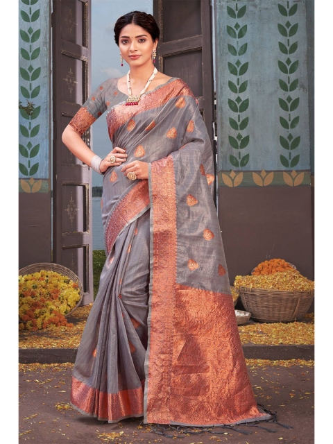 KARAGIRI Grey & Gold-Toned Woven Design Zari Organza Saree