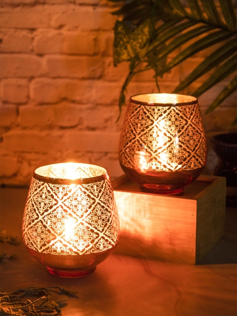 MARKET99 Set Of 2 Pink Patterned T-Lite Candle Holders
