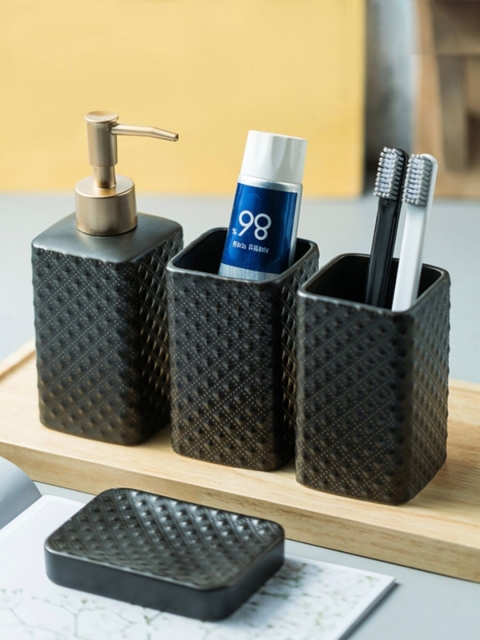 Nestasia Set Of 4 Black Textured Bathroom Accessories