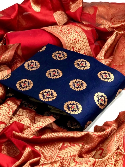 MORLY Blue & Red Dupion Silk Unstitched Dress Material