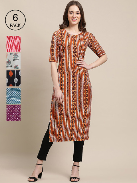 KALINI Women Pack of 6 Ethnic Motifs Printed Crepe Kurta, Brown 
KALINI Women Pack of 6 Ethnic Motifs Printed Crepe Kurta, Brown