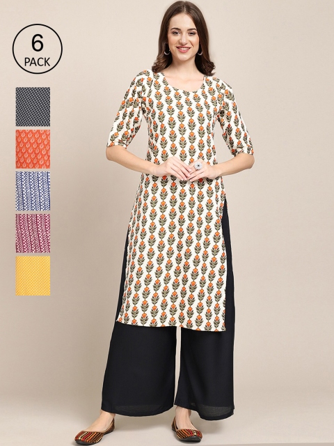 KALINI Women Pack of 6 Block Print Crepe Kurta, Yellow