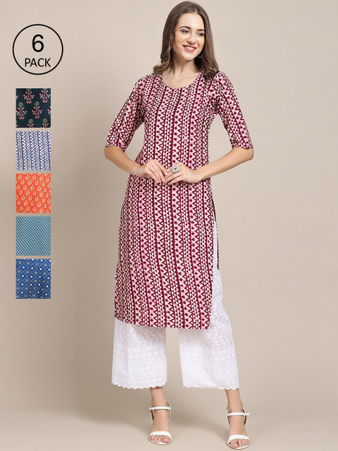 KALINI Women Multicoloured Pack Of 6 Geometric Printed Block Print Crepe Kurta, Multi
KALINI Women Multicoloured Pack Of 6 Geometric Printed Block Print Crepe Kurta, Multi