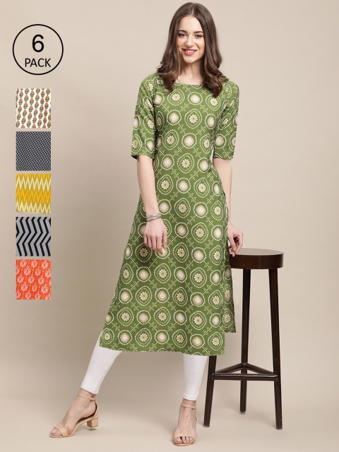 KALINI Pack Of 6 Women Printed Straight Crepe Kurta, Navy blue
