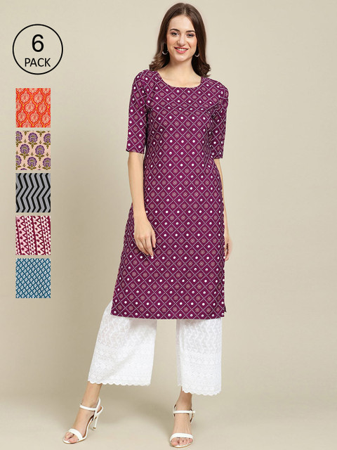 KALINI Women Pack of 6 Printed Straight Crepe Kurta, Multi
KALINI Women Pack of 6 Printed Straight Crepe Kurta, Multi