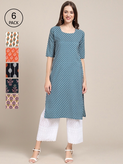 KALINI Women Pack of 6 Digital Printed Crepe Straight Kurtas, Blue