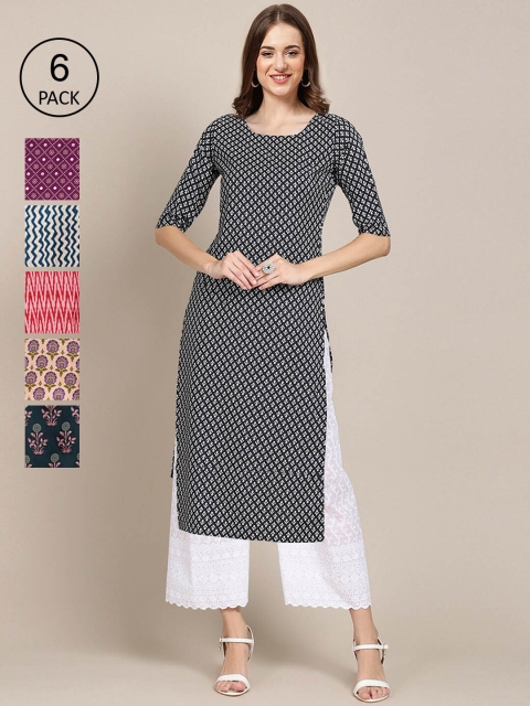 KALINI Women Pack Of 6 Ethnic Motifs Printed Crepe Kurta, Black
