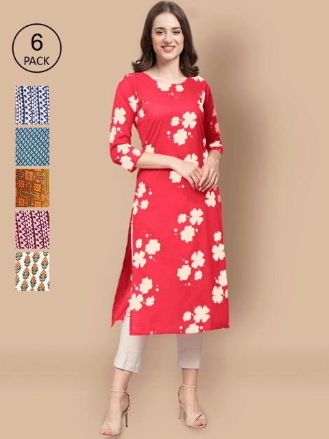 1 Stop Fashion Women Pack of 6 Block Print Crepe Kurta, Red