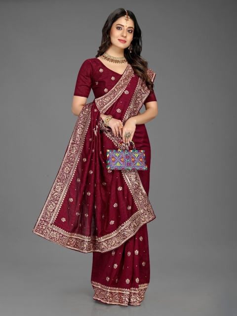 Lady Style Maroon & Gold-Toned Floral Beads and Stones Silk Blend Mysore Silk Saree
Lady Style Maroon & Gold-Toned Floral Beads and Stones Silk Blend Mysore Silk Saree